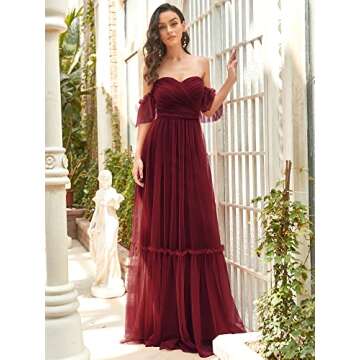 Ever-Pretty Women's Formal Dress Sweetheart Off-Shoulder Ruched Tulle Maxi Bridesmaid Dresses Burgundy US4