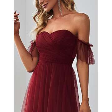 Ever-Pretty Women's Formal Dress Sweetheart Off-Shoulder Ruched Tulle Maxi Bridesmaid Dresses Burgundy US4