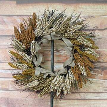 CVHOMEDECO. Primitive Rustic 22 Inch Artificial Millet Ears Wreath with Twigs and Burlap Lace, Harvest Grain Wheat Ears Festival Wreath for Front Door and Home Decor.
