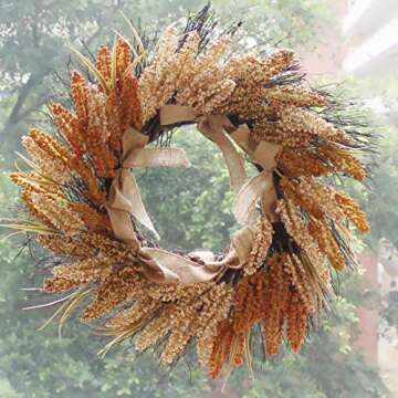 CVHOMEDECO. Primitive Rustic 22 Inch Artificial Millet Ears Wreath with Twigs and Burlap Lace, Harvest Grain Wheat Ears Festival Wreath for Front Door and Home Decor.