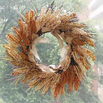 CVHOMEDECO. Primitive Rustic 22 Inch Artificial Millet Ears Wreath with Twigs and Burlap Lace, Harvest Grain Wheat Ears Festival Wreath for Front Door and Home Decor.