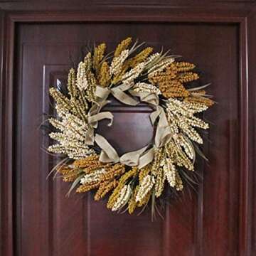 CVHOMEDECO. Primitive Rustic 22 Inch Artificial Millet Ears Wreath with Twigs and Burlap Lace, Harvest Grain Wheat Ears Festival Wreath for Front Door and Home Decor.