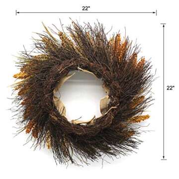 CVHOMEDECO. Primitive Rustic 22 Inch Artificial Millet Ears Wreath with Twigs and Burlap Lace, Harvest Grain Wheat Ears Festival Wreath for Front Door and Home Decor.