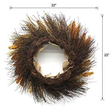 CVHOMEDECO. Primitive Rustic 22 Inch Artificial Millet Ears Wreath with Twigs and Burlap Lace, Harvest Grain Wheat Ears Festival Wreath for Front Door and Home Decor.