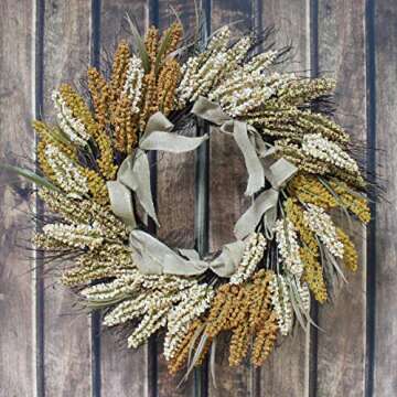 CVHOMEDECO. Primitive Rustic 22 Inch Artificial Millet Ears Wreath with Twigs and Burlap Lace, Harvest Grain Wheat Ears Festival Wreath for Front Door and Home Decor.