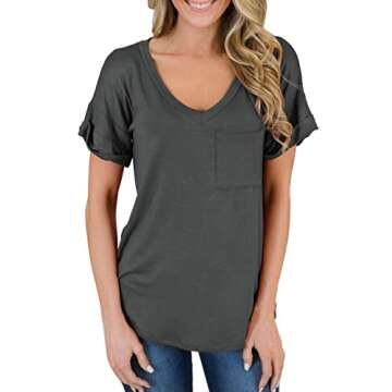MIHOLL Women's Short Sleeve V-Neck Shirts Loose Casual Tee T-Shirt (Dark Gray, Large)