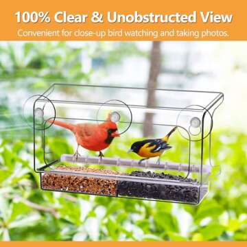 LUJII Shatterproof Window Bird Feeder with Strongest Suction Cups, Polycarbonate Window Mount Feeder with Crystal Clear View & Life-Out Tray, Fits Bigger Birds Like Cardinal or Blue Jay, Clear