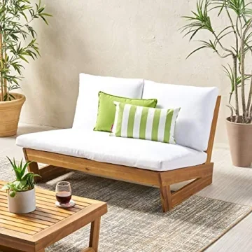 GDFStudio Outdoor Acacia Wood Loveseat with Cushions, and White