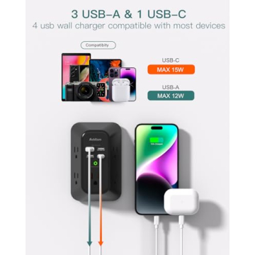 Addtam Surge Protector Outlet Extender with USB Ports