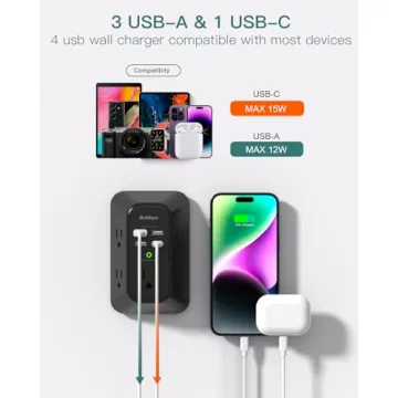 Addtam Surge Protector Outlet Extender with USB Ports