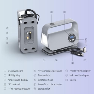 YIJU Tire Inflator Portable Air Compressor, DC 12V Portable Tire Inflator for Car, Air Tire Pump with Digital Tire Pressure Gauge and LED Light, Portable Air Compressor for Car Tires, Motorcycle, Bike