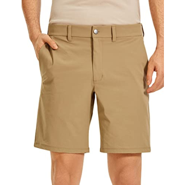 CRZ YOGA Men's Stretch Golf Shorts - 9 Inch Slim Fit, Waterproof Casual Athletic Wear Khaki Size 32