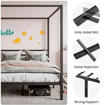SHA CERLIN Canopy Bed Frame Queen Size/Mattress Foundation with Metal Slats Support/No Box Spring Needed/Easy Assembly/Black