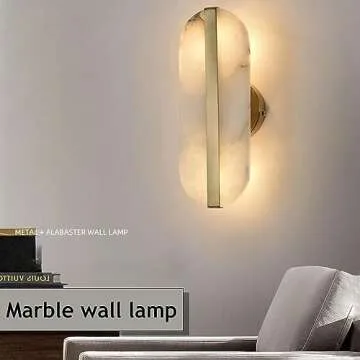 Renter Friendly Indoor Modern Marble Long Strip Wall Sconce Gold White Alabaster Glass Wall Light Ba...