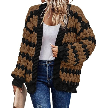 KIRUNDO Women's Cable Knit Sweater Cardigan Open Front Chunky Fall Winter Long Sleeve Color Block St...