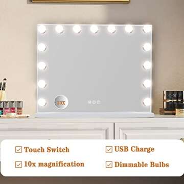 Leishe Vanity Mirror with Lights 15LED Bulbs 3 Lighting Modes Lighted Makeup Mirror for Desk or Wall-Mount Hollywood Vanity Mirror with USB Charger Port and 10X Magnification (22"x18")