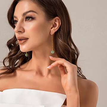 14K Gold Filled Hetian Jade Dangling Earrings Handmade Natural Bead Pendant Drop Earrings Green Long Wire Bridal Jade Jewelry Birthday Gift for Women