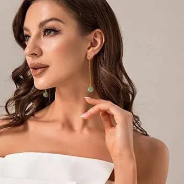 14K Gold Filled Hetian Jade Dangling Earrings Handmade Natural Bead Pendant Drop Earrings Green Long Wire Bridal Jade Jewelry Birthday Gift for Women