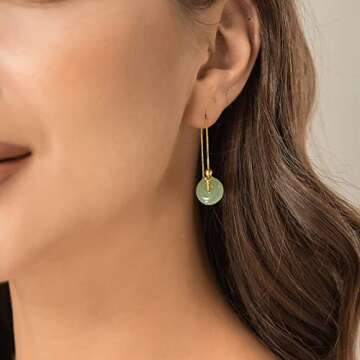 14K Gold Filled Hetian Jade Dangling Earrings Handmade Natural Bead Pendant Drop Earrings Green Long Wire Bridal Jade Jewelry Birthday Gift for Women