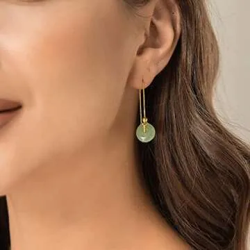 14K Gold Filled Hetian Jade Dangling Earrings Handmade Natural Bead Pendant Drop Earrings Green Long Wire Bridal Jade Jewelry Birthday Gift for Women