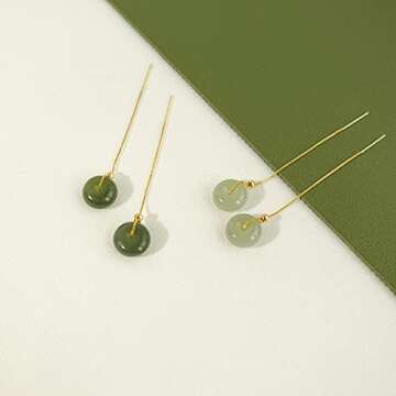 14K Gold Filled Hetian Jade Dangling Earrings Handmade Natural Bead Pendant Drop Earrings Green Long Wire Bridal Jade Jewelry Birthday Gift for Women