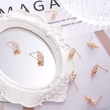 Fashewelry 10 Pairs Brass Cubic Zirconia Post Stud Earrings 18K Gold CZ Earring Findings Ear Piercing Plugs with Loop for Women Girls Dangle Earring Jewelry Making, Leaf