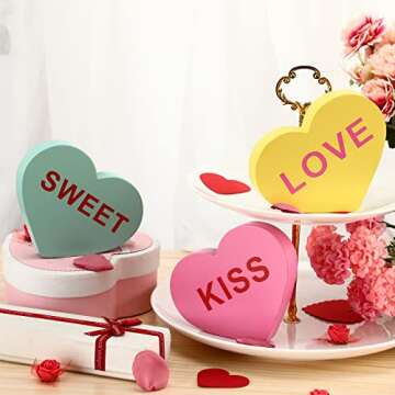 3 Pieces Valentine Wooden Sign Conversation Heart Shape Home Decor Signs Candy Heart Tiered Tray Dec...