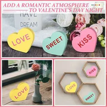 3 Pieces Valentine Wooden Sign Conversation Heart Shape Home Decor Signs Candy Heart Tiered Tray Decor Farmhouse Sweetheart Table Blocks for Wedding(Warm Style)