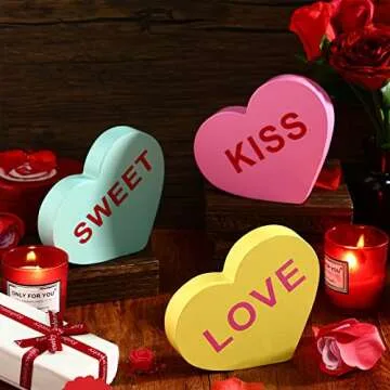 3 Pieces Valentine Wooden Sign Conversation Heart Shape Home Decor Signs Candy Heart Tiered Tray Decor Farmhouse Sweetheart Table Blocks for Wedding(Warm Style)