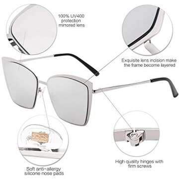SOJOS Cateye Sunglasses for Women Fashion Mirrored Lens Metal Frame SJ1086 with Silver Frame/Silver Mirrored Lens