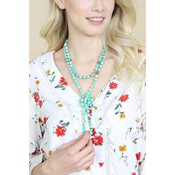 RIAH FASHION Bead Strand Versatile 60" Long Wrap Necklace - Handmade Multi Layer Sparkly, Semi Precious Natural Stone (Natural Stone Bead - Imperial Jasper Turquoise)