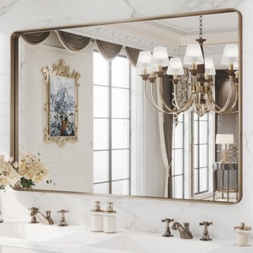 WEER 48x32 Inch Bronze Bathroom Mirror for Vanity, Brushed Bronze Metal Frame Mirror for Wall, Round...