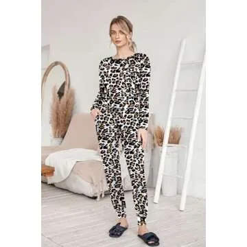 Ekouaer Pajamas Women's Long Sleeve Pj Set Soft 2 Piece Loungewear Sleepwear with Jogger Pants White Leopard L