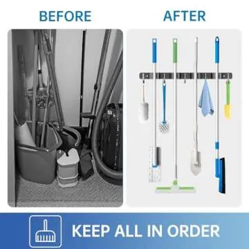 ZONGOOL 2 Pack Broom Holder Wall Mount, 4 Racks and 5 Hooks Mop Hanger Wall Mount Broom Organizer Stainless Steel Heavy Duty Garage Tool Racks for Home Kitchen Garden Laundry (Black)