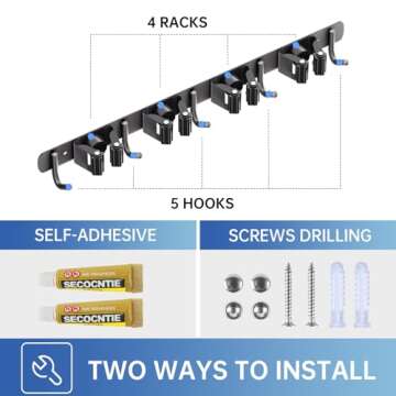 ZONGOOL 2 Pack Broom Holder Wall Mount, 4 Racks and 5 Hooks Mop Hanger Wall Mount Broom Organizer Stainless Steel Heavy Duty Garage Tool Racks for Home Kitchen Garden Laundry (Black)