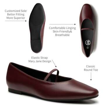 Trary Flats for Women, Mary Jane Shoes for Women, Ballet Flats for Women, Closed Toe Flats Shoes Women, Elastic Straps Flats Shoes for Women, Wine Red Flats Women Size 8.5