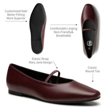 Trary Flats for Women, Mary Jane Shoes for Women, Ballet Flats for Women, Closed Toe Flats Shoes Women, Elastic Straps Flats Shoes for Women, Wine Red Flats Women Size 8.5