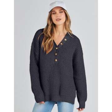ANRABESS Womens Oversized Sweater Long Sleeve Loose V Neck Button Jumper Casual Waffle Side Slit Knit Pullover 2024 Clothes