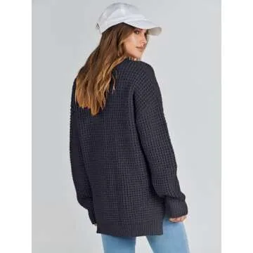 ANRABESS Womens Oversized Sweater Long Sleeve Loose V Neck Button Jumper Casual Waffle Side Slit Knit Pullover 2024 Clothes