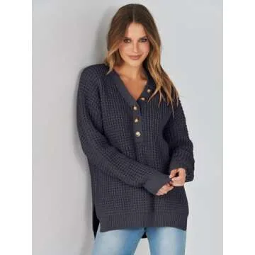 ANRABESS Womens Oversized Sweater Long Sleeve Loose V Neck Button Jumper Casual Waffle Side Slit Knit Pullover 2024 Clothes