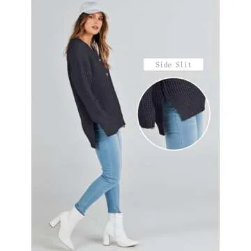 ANRABESS Womens Oversized Sweater Long Sleeve Loose V Neck Button Jumper Casual Waffle Side Slit Knit Pullover 2024 Clothes