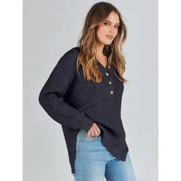 ANRABESS Womens Oversized Sweater Long Sleeve Loose V Neck Button Jumper Casual Waffle Side Slit Knit Pullover 2024 Clothes