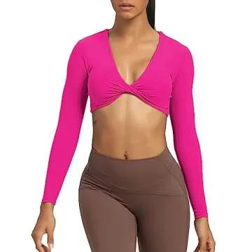 Aoxjox Long Sleeve Crop Tops for Women Sienna Twist Deep V Workout Cropped T Shirt Top (Rose Red, XX...