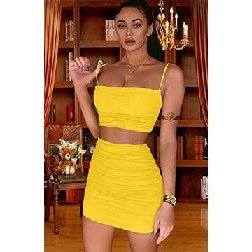 BEAGIMEG Women's Ruched Cami Crop Top Bodycon Skirt 2 Piece Outfits Dress Yellow