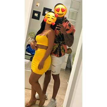 BEAGIMEG Women's Ruched Cami Crop Top Bodycon Skirt 2 Piece Outfits Dress Yellow