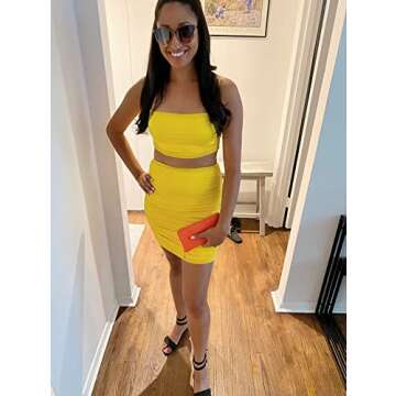 BEAGIMEG Women's Ruched Cami Crop Top Bodycon Skirt 2 Piece Outfits Dress Yellow