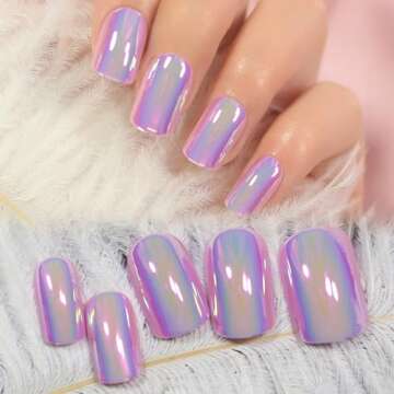iBeautying Press on Nails - Metallic Mirror Purple Pink False Nails | Punk Metal Chrome Finish Short...