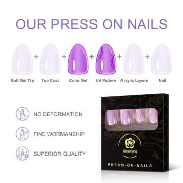 iBeautying Press on Nails - Metallic Mirror Purple Pink False Nails | Punk Metal Chrome Finish Short Reusable Fake Nails in 10 Sizes - 24 Nail Kit with Jelly Glue Pad
