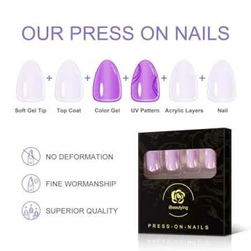 iBeautying Press on Nails - Metallic Mirror Purple Pink False Nails | Punk Metal Chrome Finish Short Reusable Fake Nails in 10 Sizes - 24 Nail Kit with Jelly Glue Pad