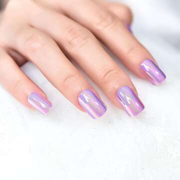 iBeautying Press on Nails - Metallic Mirror Purple Pink False Nails | Punk Metal Chrome Finish Short Reusable Fake Nails in 10 Sizes - 24 Nail Kit with Jelly Glue Pad